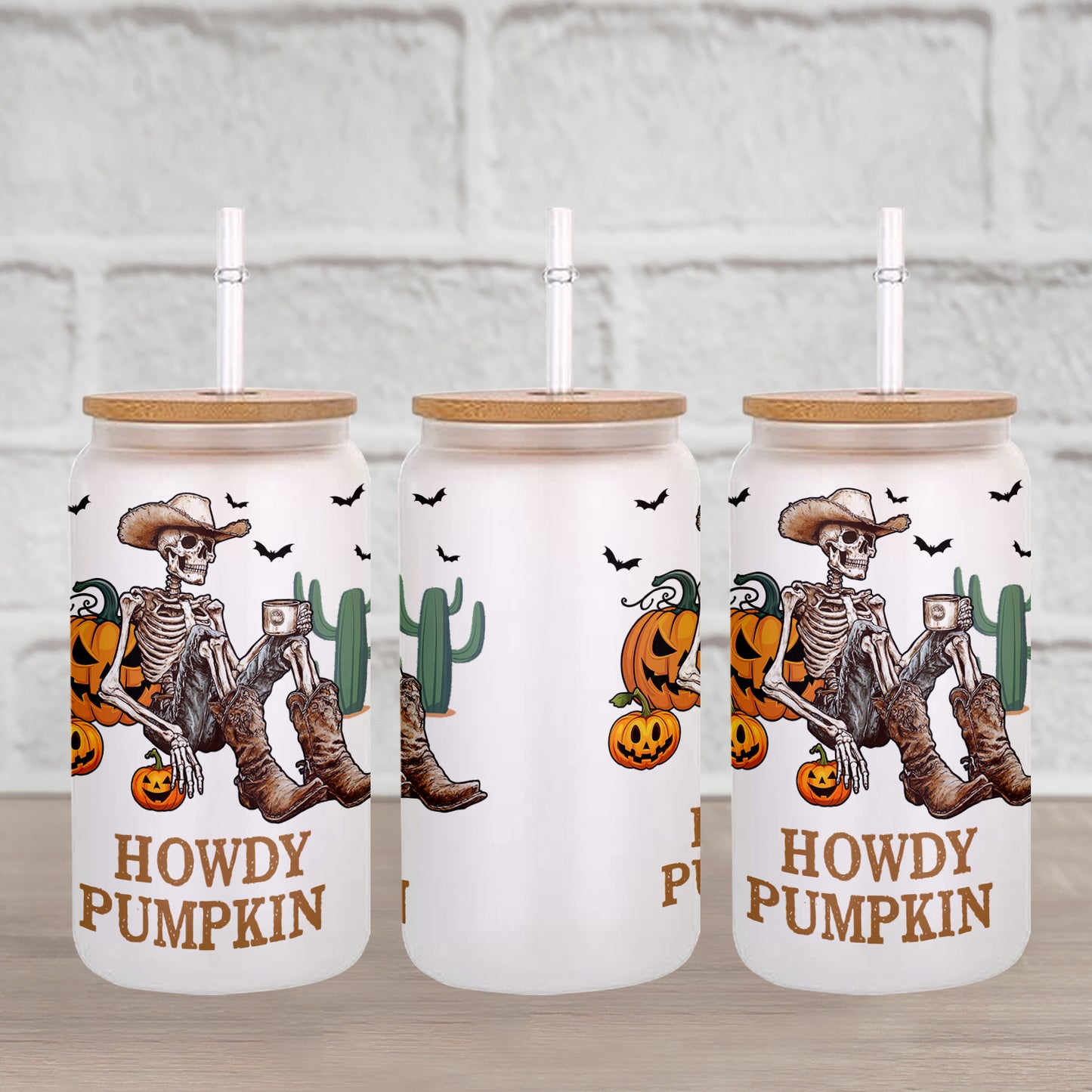 Petthouse | Cowboy Skeleton Drink Coffee Glass Can, Spooky Season, Howdy Pumpkin Glass, Skeleton Libby