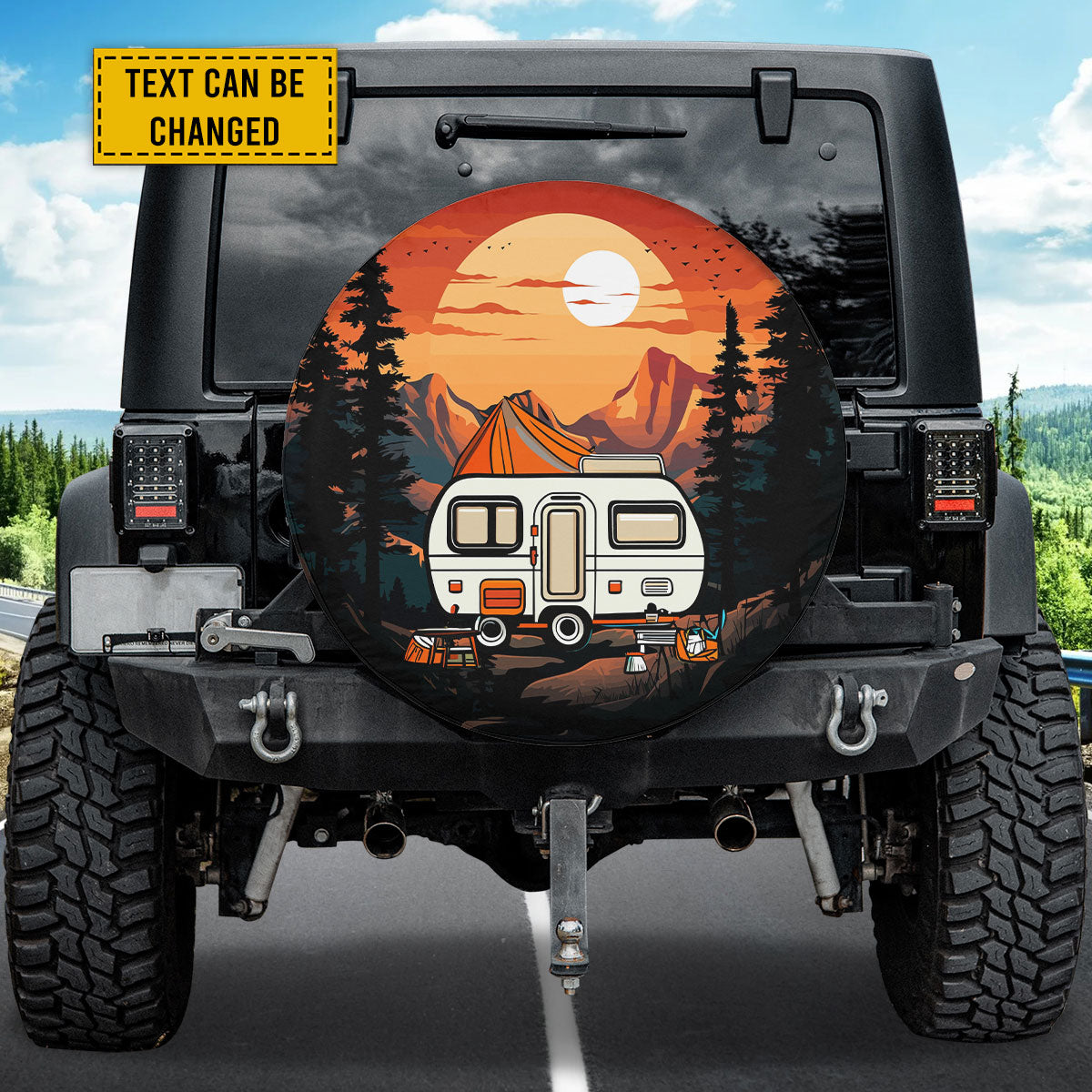 Petthouse | Customized Text Sunset Mountains River Landscape Camping Truck Spare Tire Cover Happy Camper Car Accessory