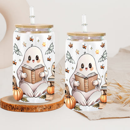 Petthouse | Bookish Ghost Glass Can, Ghost Halloween Glass, Ghost Cute Book Iced Coffee Cup, Cute Reader