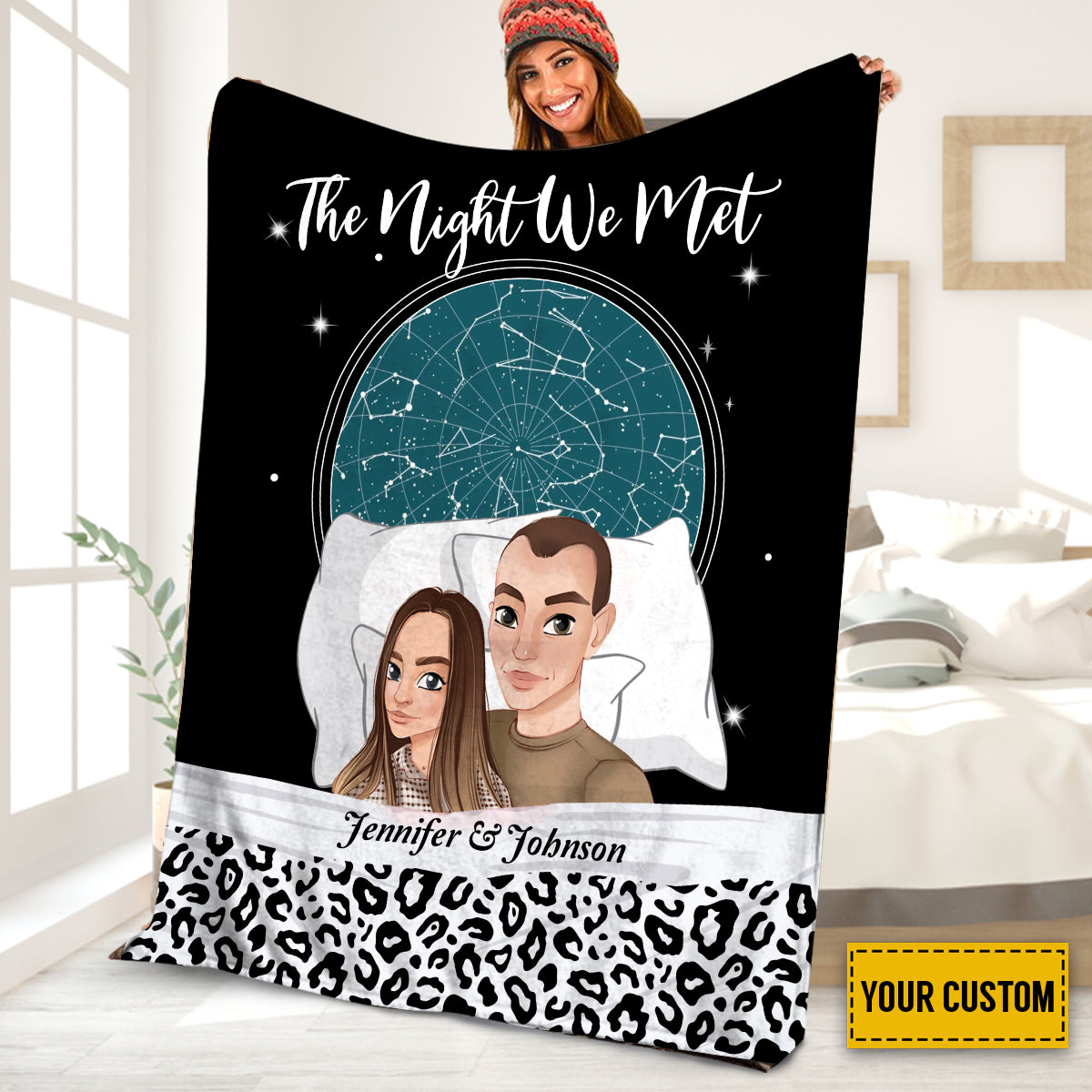 Petthouse | Personalized Star Map Fleece Blanket, Chibi Couple Soft Blanket, Romantic Valentines Day Sherpa Blanket