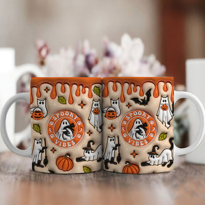 Petthouse | Halloween Cat Spooky Vibes Mug, Ghost Cat Halloween Inflated 3d Ceramic Mug, Spooky Vibes Mug