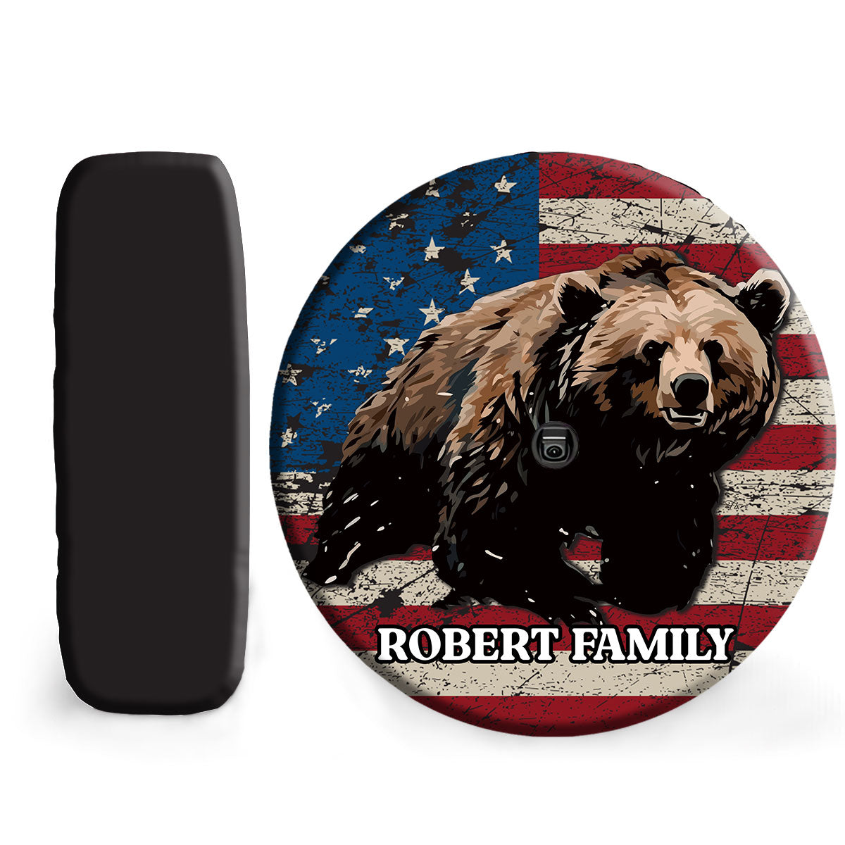 Petthouse | Customized Name Hunting Bear Forest American Flag Spare Tire Cover Wild Bear Durable Tire Protector