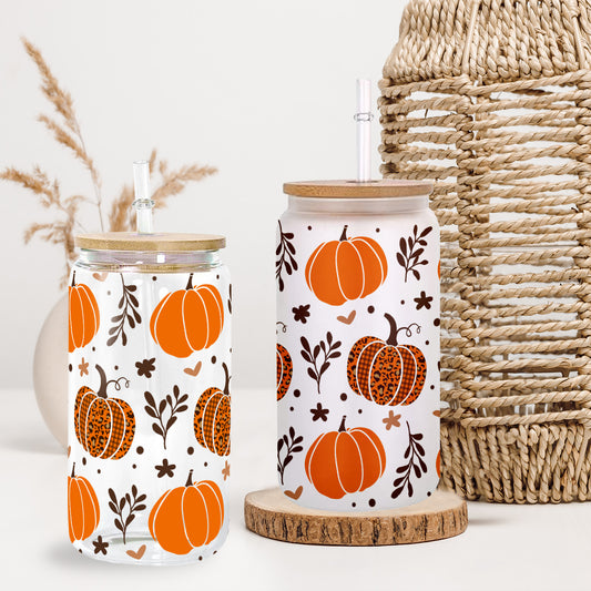 Petthouse | Fall Pumpkins Glass Can, Fall Pumpkins Glass Tumbler, Fall Coffee Glass, Leopard Pumpkin