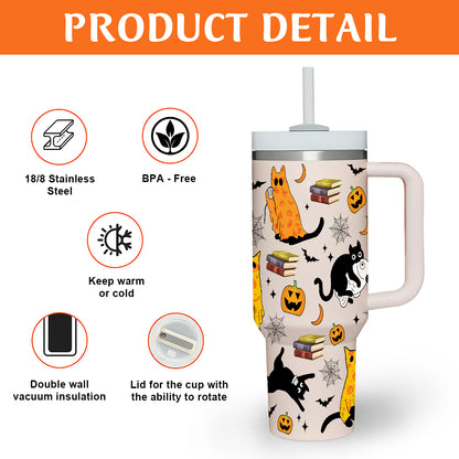 Petthouse | Halloween Ghost Cat 40oz Tumbler, Spooky Black Cat Stainless Steel Tumbler, Cat Spooky Season