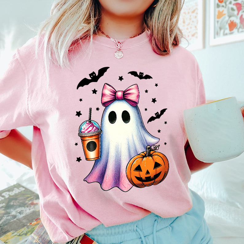 Petthouse | Halloween Ghost Shirt, Retro Ghost Coffee Pumpkin Halloween Shirt, Cute Ghost Coffee