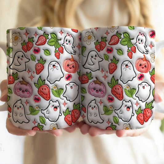 Petthouse | Strawberry Ghost Pumpkin Mug, Ghost Halloween 3d Inflated Mug, Cottagecore, Spooky Season