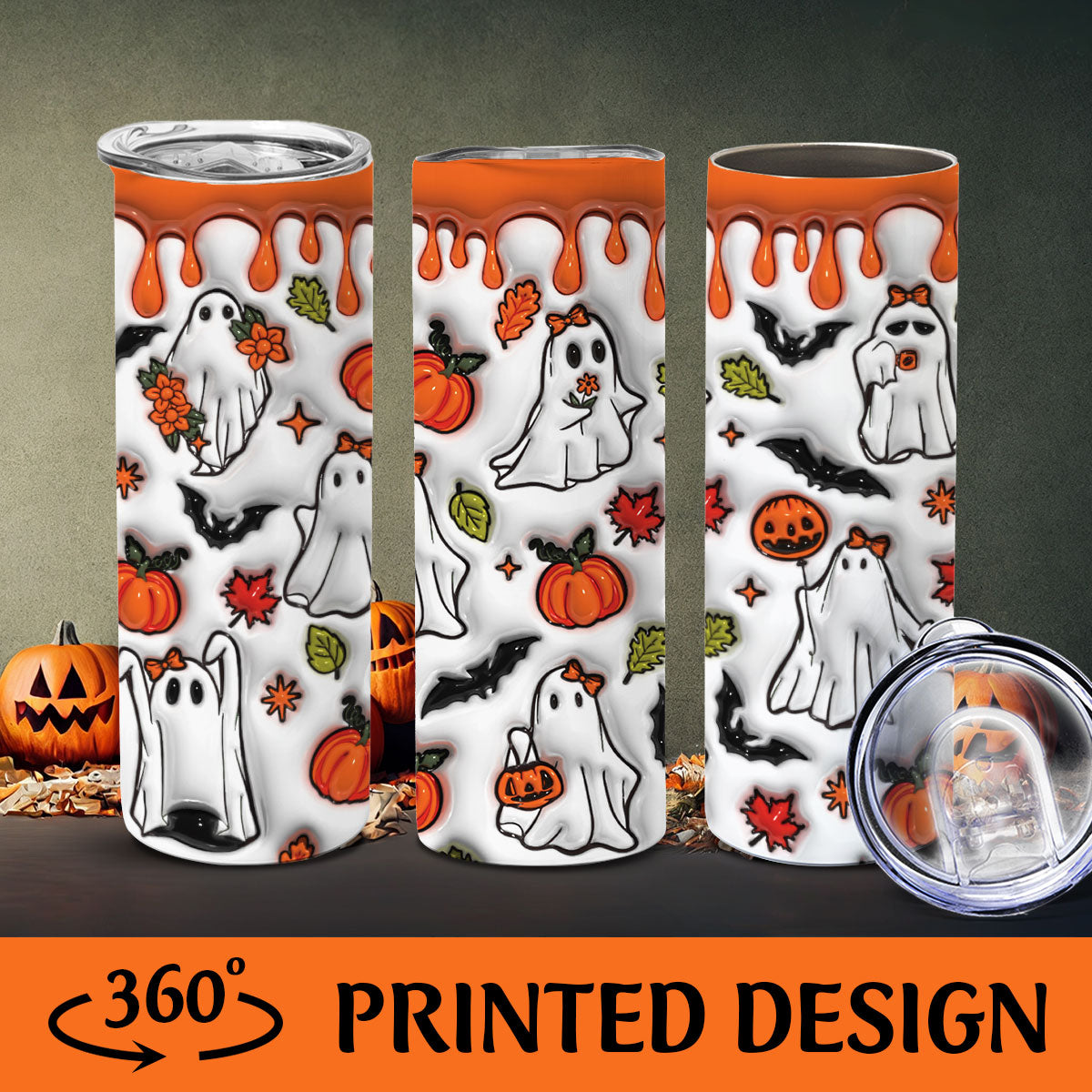 Petthouse | Spooky Vibes Inflated Tumbler Wrap, Halloween Ghost Boo 20oz Skinny Tumbler, Pumpkin Tumbler