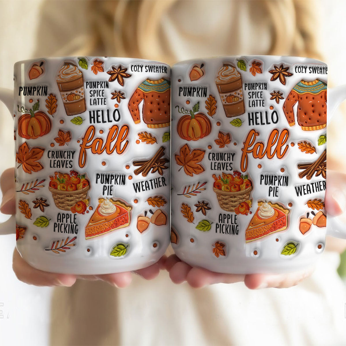 Petthouse | Hello Fall, Fall 3d Inflated Effect Mug, Pumpkin Spice Latter Mug, Thanksgiving Gifts Fall