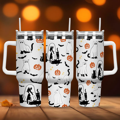 Petthouse | Сute Ghost Cat Halloween Tumbler 40oz, Ghost Cat, Spooky Black Cat Stainless Steel Cup