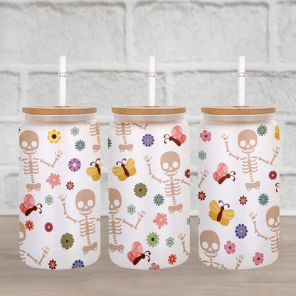 Petthouse | Skeleton Halloween Glass Can, Floral Skeleton Glass Can, Halloween Skeleton Coffee