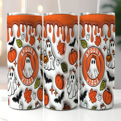 Petthouse | Halloween Spooky Vibes Skinny Tumbler, Spooky Ghost Vibes 3d Inflated Effect Tumbler, Pumpkin