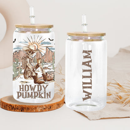 Petthouse | Personalized Skeleton Cowboy Howdy Pumpkin Glass Can, Western Cowboy Coffee Cup, Spooky Skeleton