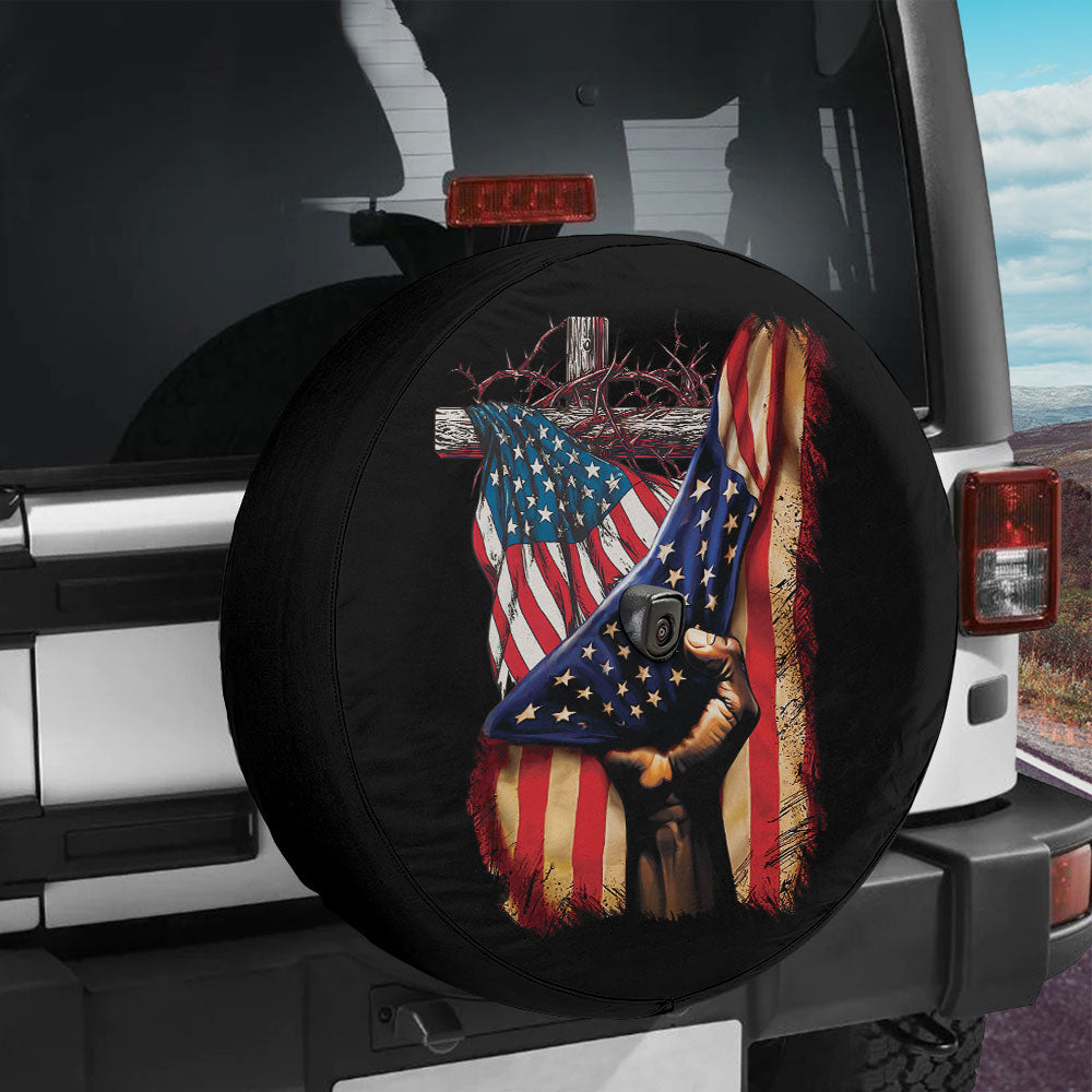 Petthouse | Cross Thorn Crown American Flag Spare Tire Cover American Patriot Wheel Cover Christian Religion Gift