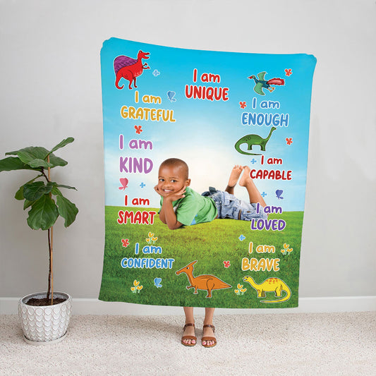 Petthouse | Dinosaur Grandson Picture Blanket Personalized Photo, Grandson I Am Unique, Positive Confirmation