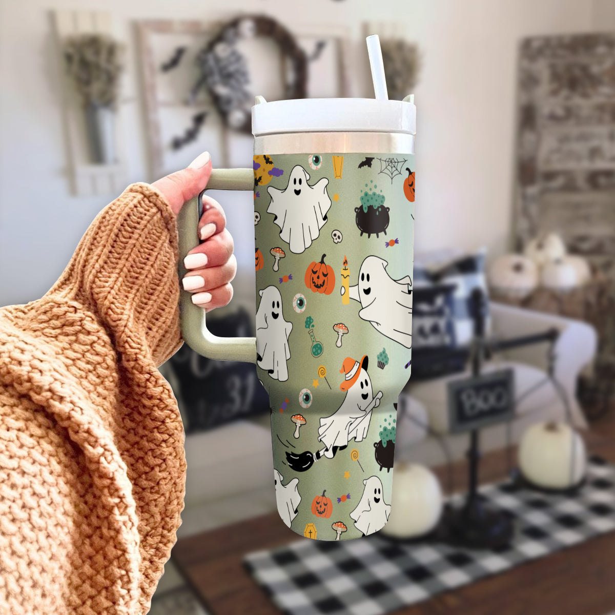 Petthouse | Ghost Halloween Retro Tumbler 40oz Tumbler, With Handle And Straw, Retro Ghosts, Spooky Season