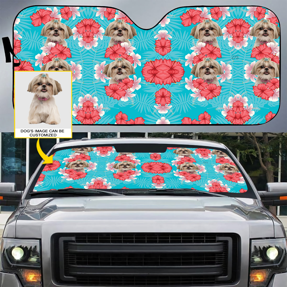 Petthouse | Personalized Dog Sunshade Cute Shih Tzu Hawaii Pattern Car Sun Shade Windshield Sun Visor