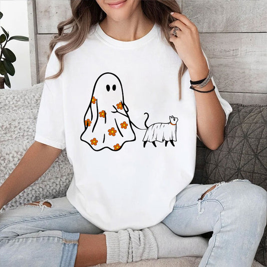 Petthouse | Ghost Walking Cat Shirt, Halloween Ghost Cat Walker Shirt, Cute Spooky Cat Lovers