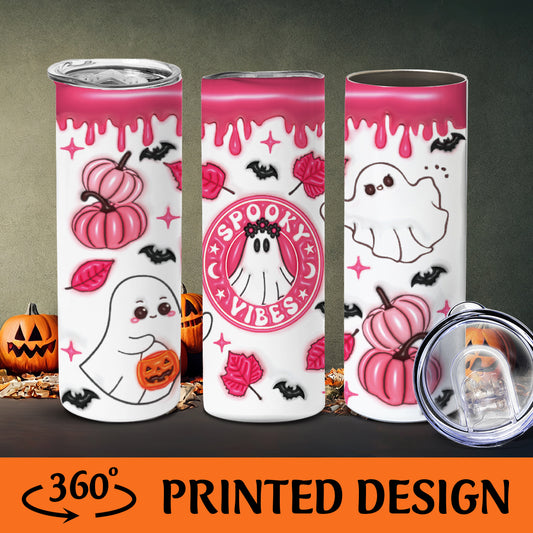 Petthouse | Spooky Vibes 3d Inflated Effect Skinny Tumbler, Ghost Puff Pink Halloween Ghost Pumpkin