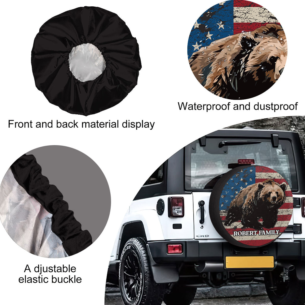 Petthouse | Customized Name Hunting Bear Forest American Flag Spare Tire Cover Wild Bear Durable Tire Protector