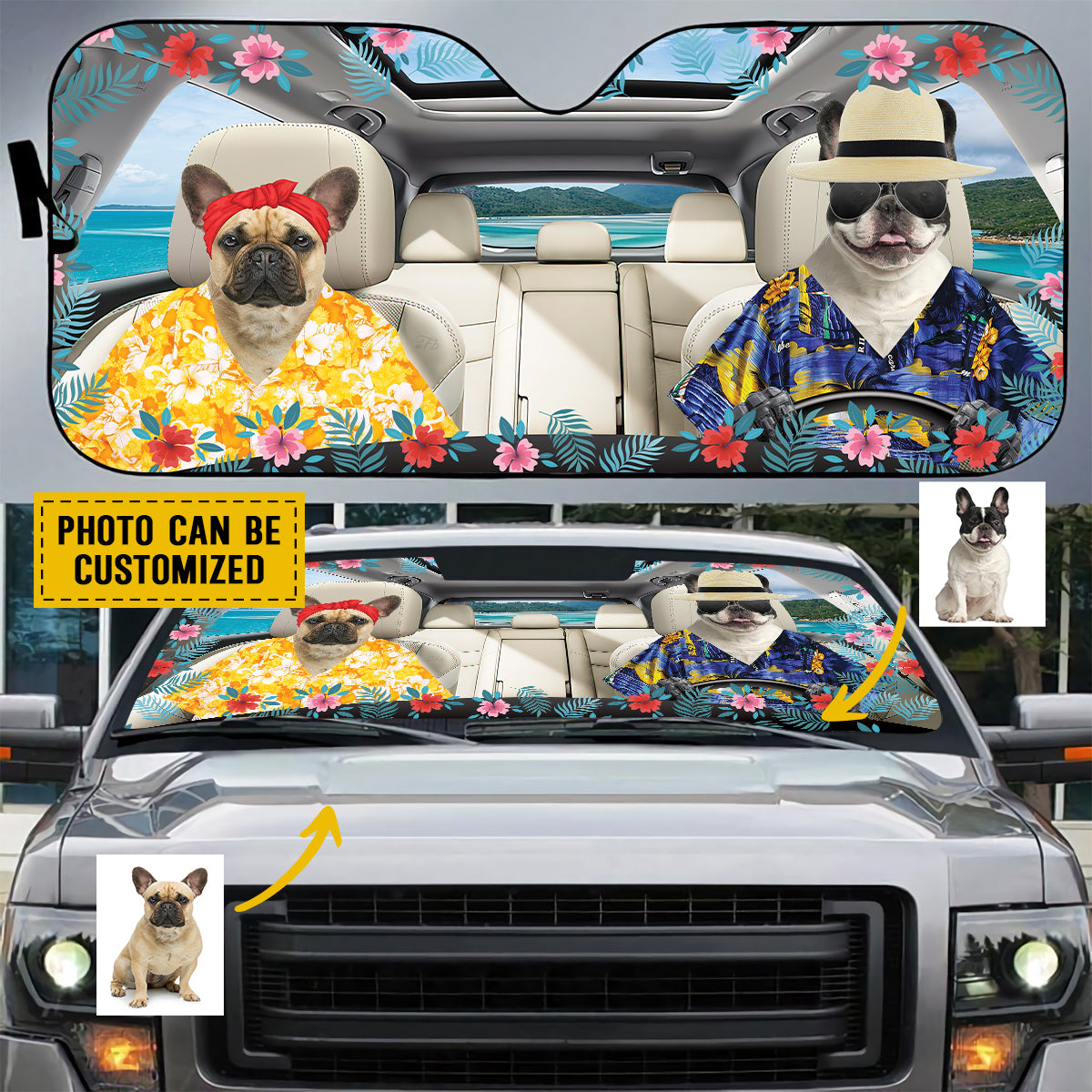 Petthouse | Customized Photo Dog Sunshade French Bulldog Hawaii Windshield Sun Shade Summer Sun Visor