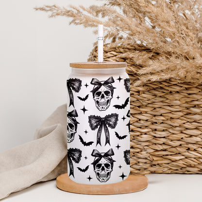 Petthouse | Halloween Skull Black Bow Glass Can, Retro Halloween Glass Can, Halloween Spooky Season Glass