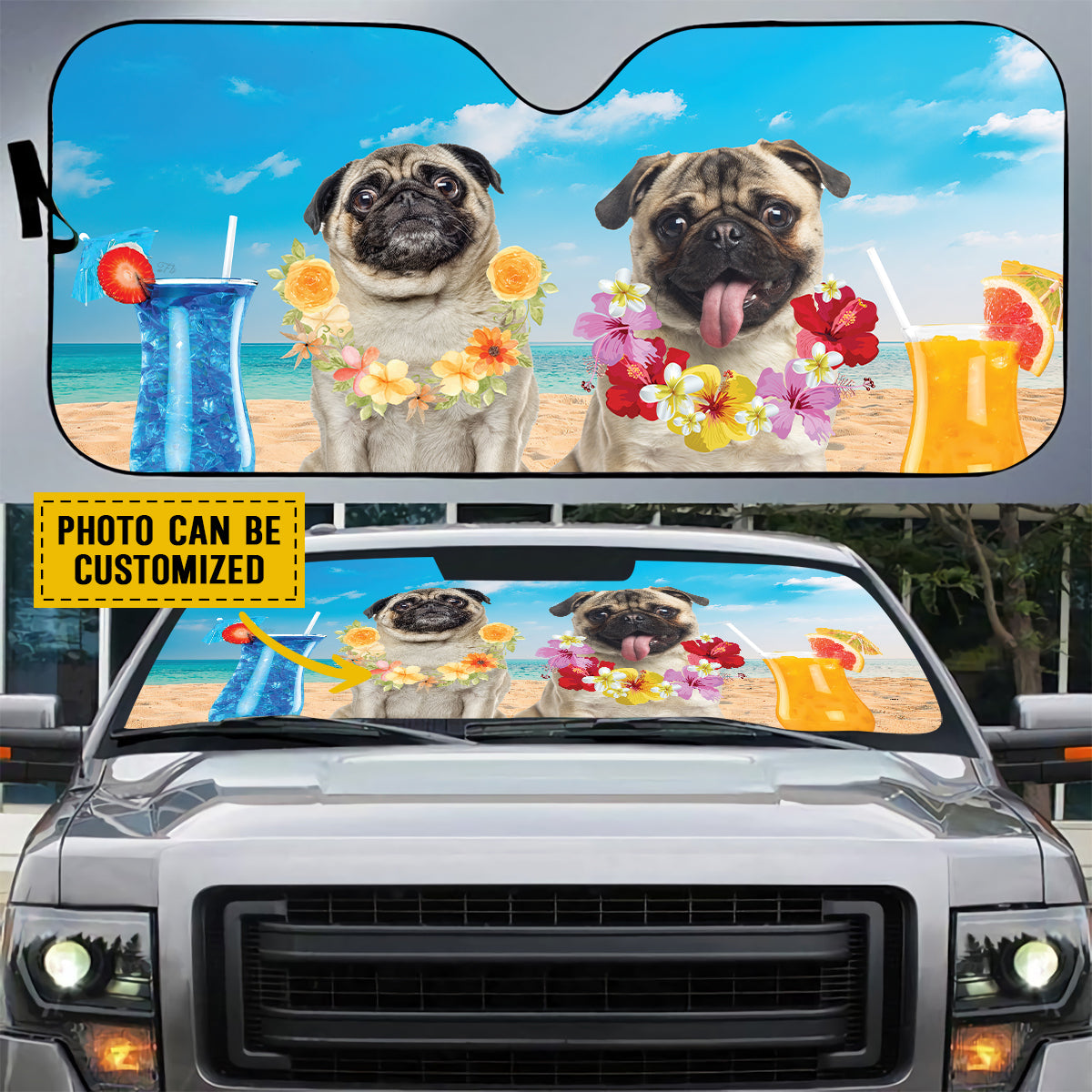 Petthouse | Pug Dog Summer Vacation Windshield Sun Shade Personalized Photo Windshield Cover For Dog Mom