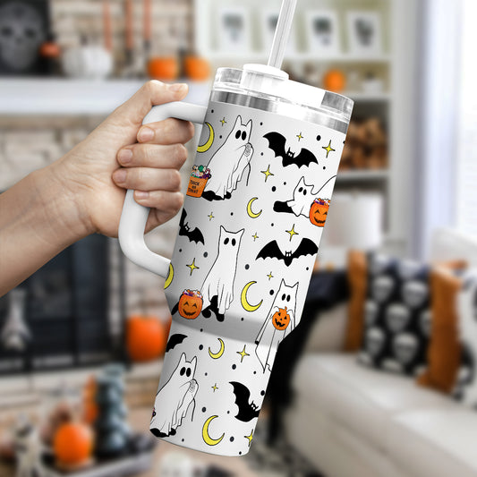 Petthouse | Сute Ghost Cat Tumbler 40oz, Halloween Ghost Cat Tumbler, Spooky Black Cat Stainless Steel Cup, Cat Lovers