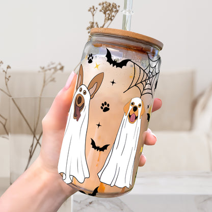 Petthouse | Cute Ghost Dog Coffee Cup, Glass Can Cup With Lid And Straw, Spooky Halloween Dogs Ghost