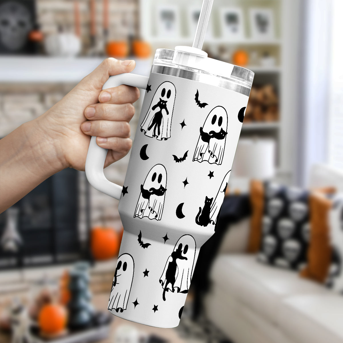 Petthouse | Cute Ghost Cat Halloween 40oz Tumbler,  Spooky Black Cat, Halloween Ghost Cat Mom Gift