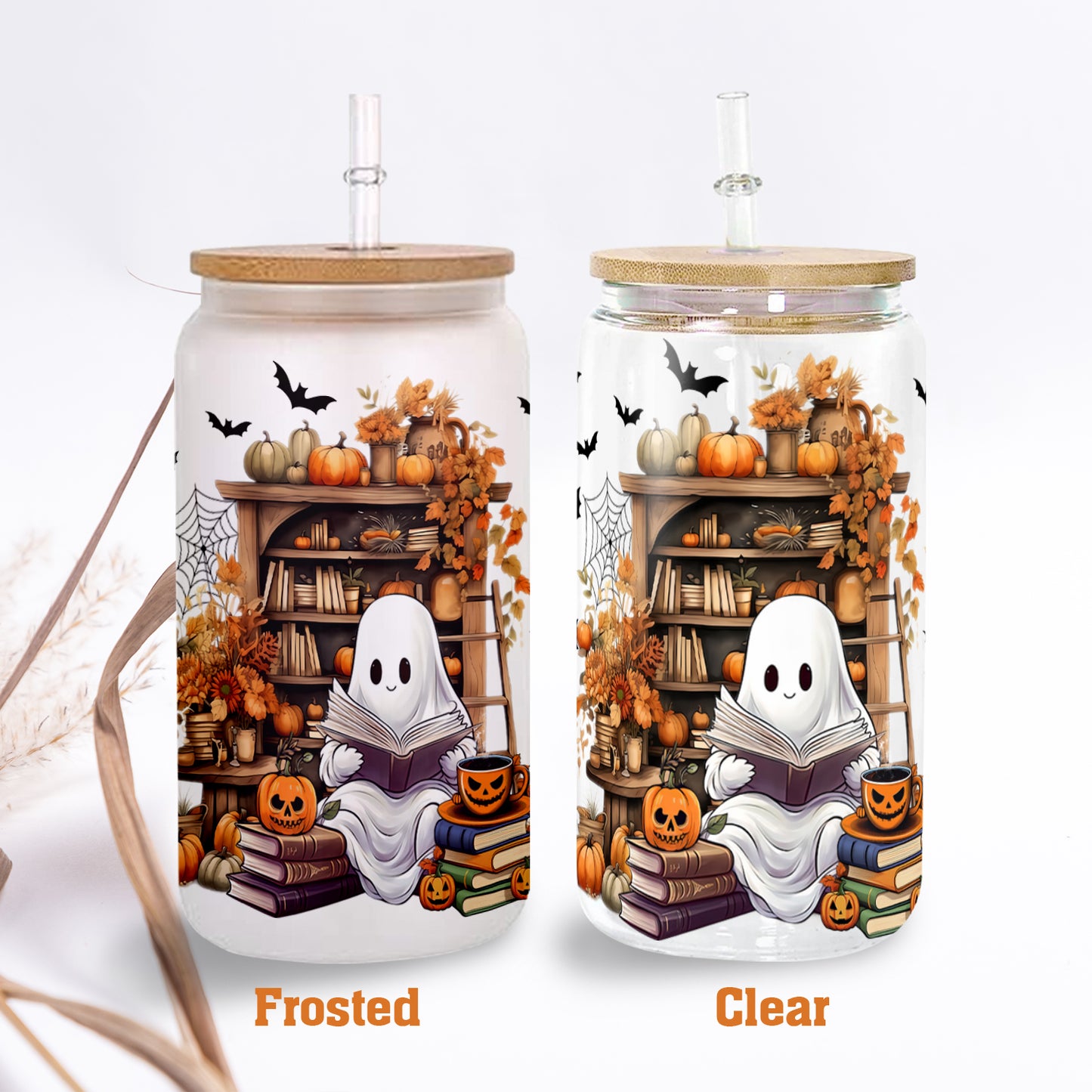 Petthouse | Cute Ghost Reading Book Glass Can, Ghostly Bookish Cup, Housewarming Party, Halloween Book