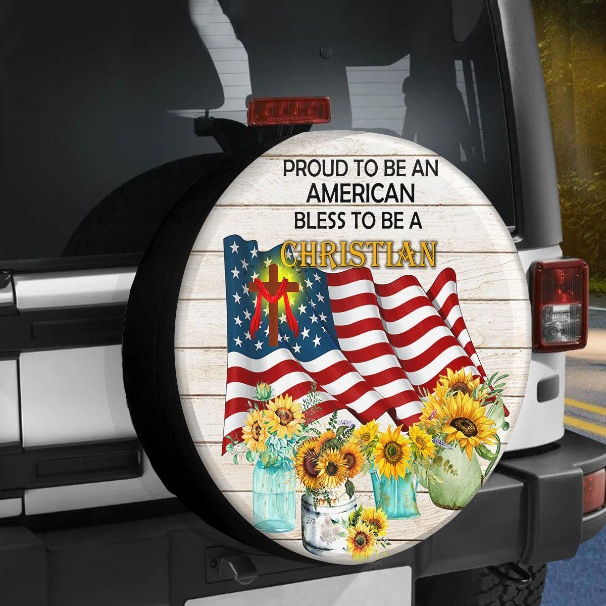 Petthouse | Sunflower American Flag Custom Tire Cover Jesus Catholic Proud To Be American Spare Tire Cover