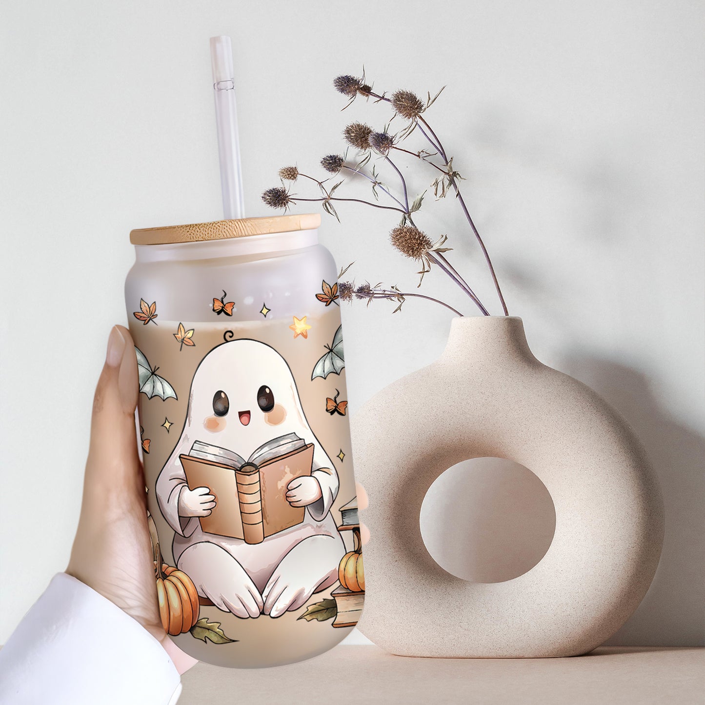 Petthouse | Bookish Ghost Glass Can, Ghost Halloween Glass, Ghost Cute Book Iced Coffee Cup, Cute Reader