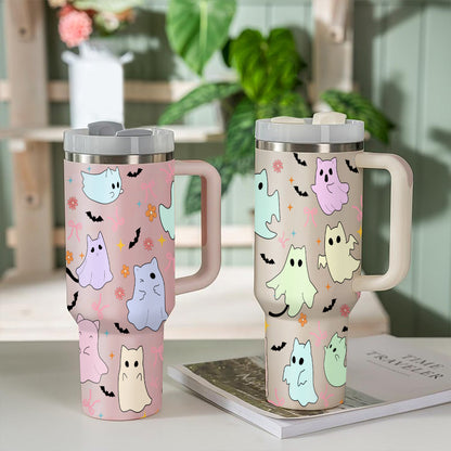 Petthouse | Cute Ghost Cats Halloween 40Oz Tumbler, Ghost Cat Stainless Steel Tumbler, Cat Ice Coffee Cup