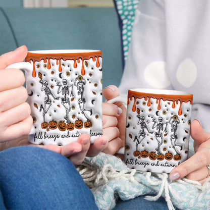 Petthouse | Skeletons Fall Breeze And Autumn Leaves Inflated 3d Effect Mug, Spooky Dancing Skeletons