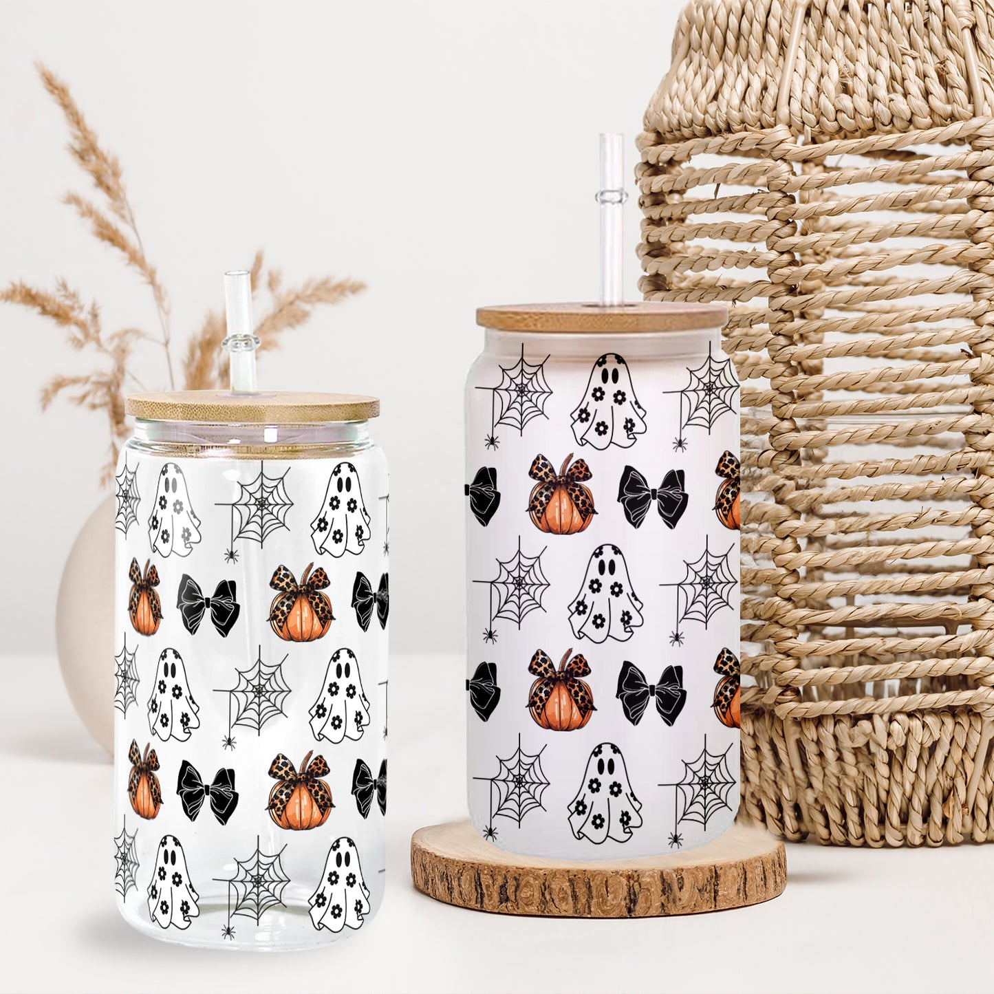 Petthouse | Bows Ghosts Halloween Glass Can, Bows Ghosts And Pumpkins Glass Can, Halloween Coffee