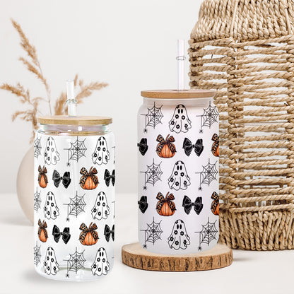 Petthouse | Bows Ghosts Halloween Glass Can, Bows Ghosts And Pumpkins Glass Can, Halloween Coffee