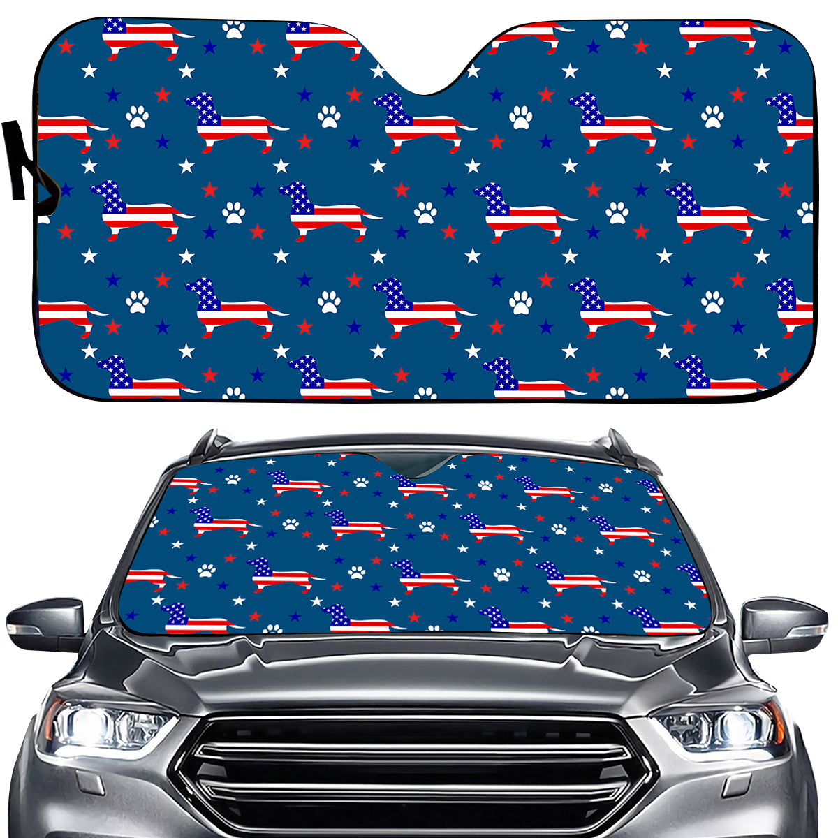 Petthouse | Dachshund American Pattern Car Sunshade Usa Flag Patriotic Design Folding Sun Shade