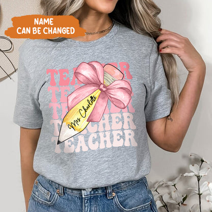 Petthouse | Custom Teacher Pencil Coquette Bow Shirt, Teach Love Inspire Techer Back To School