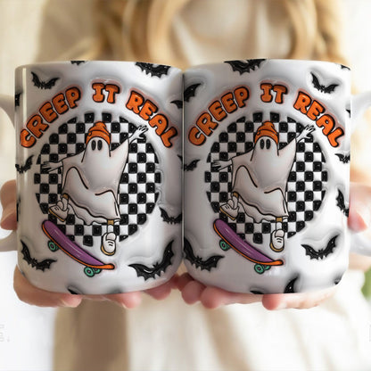 Petthouse | Ghost Creep It Real Halloween Mug, Cute Skater Ghost 3d Inflated Effect Mug, Spooky Season