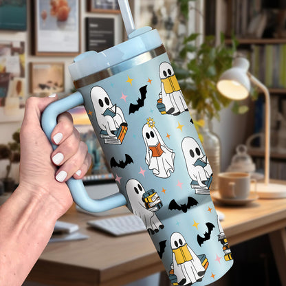 Petthouse | Cute Ghost Reading 40oz Tumbler, Halloween Bookish 40oz Tumbler, Spooky Ghost Reading Tumbler