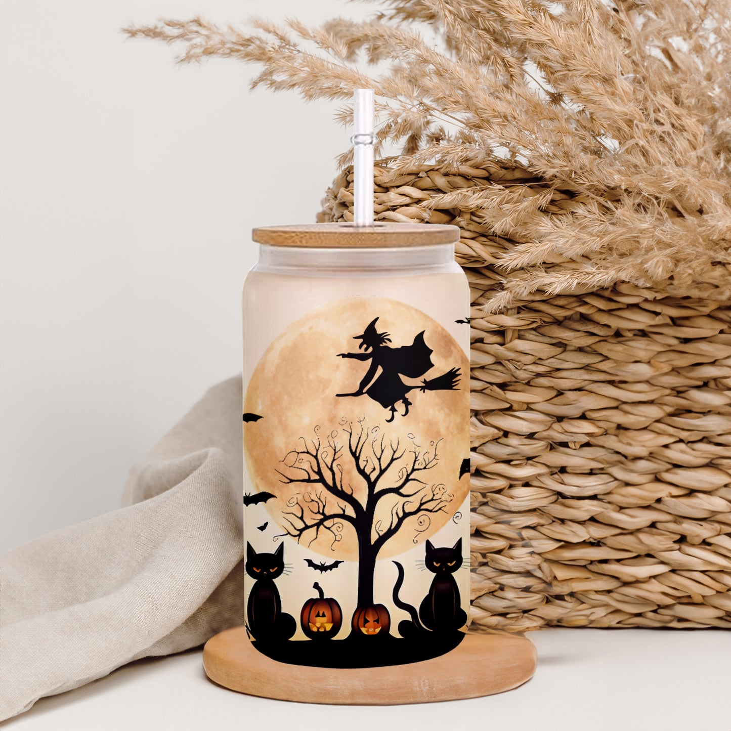 Petthouse | Pumpkin Coffee Glass Cup, Witchy Brew, Black Cat Cup, Cute Cat Glass, Spooky Brew