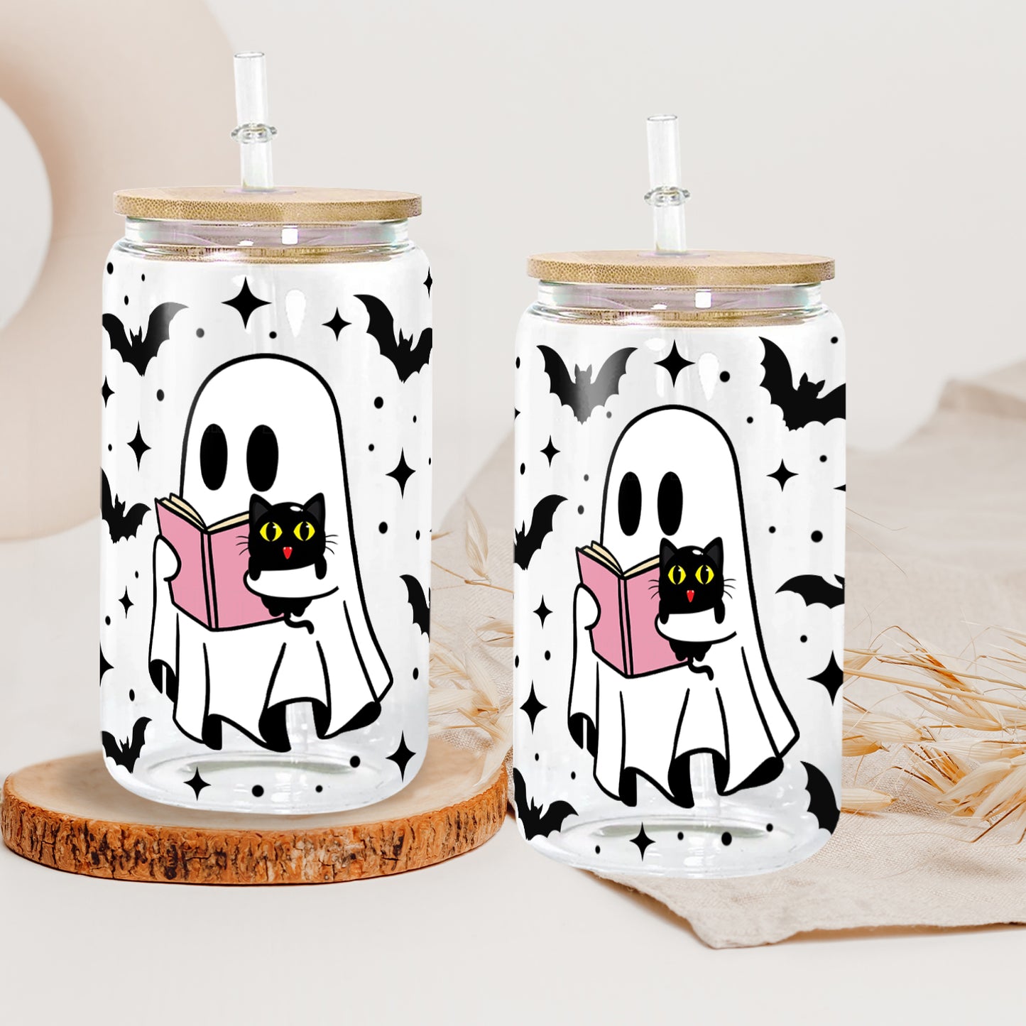 Petthouse | Cute Ghost Reading Book Glass Cup, Spooky Season, Black Cat Glass, Halloween Gift