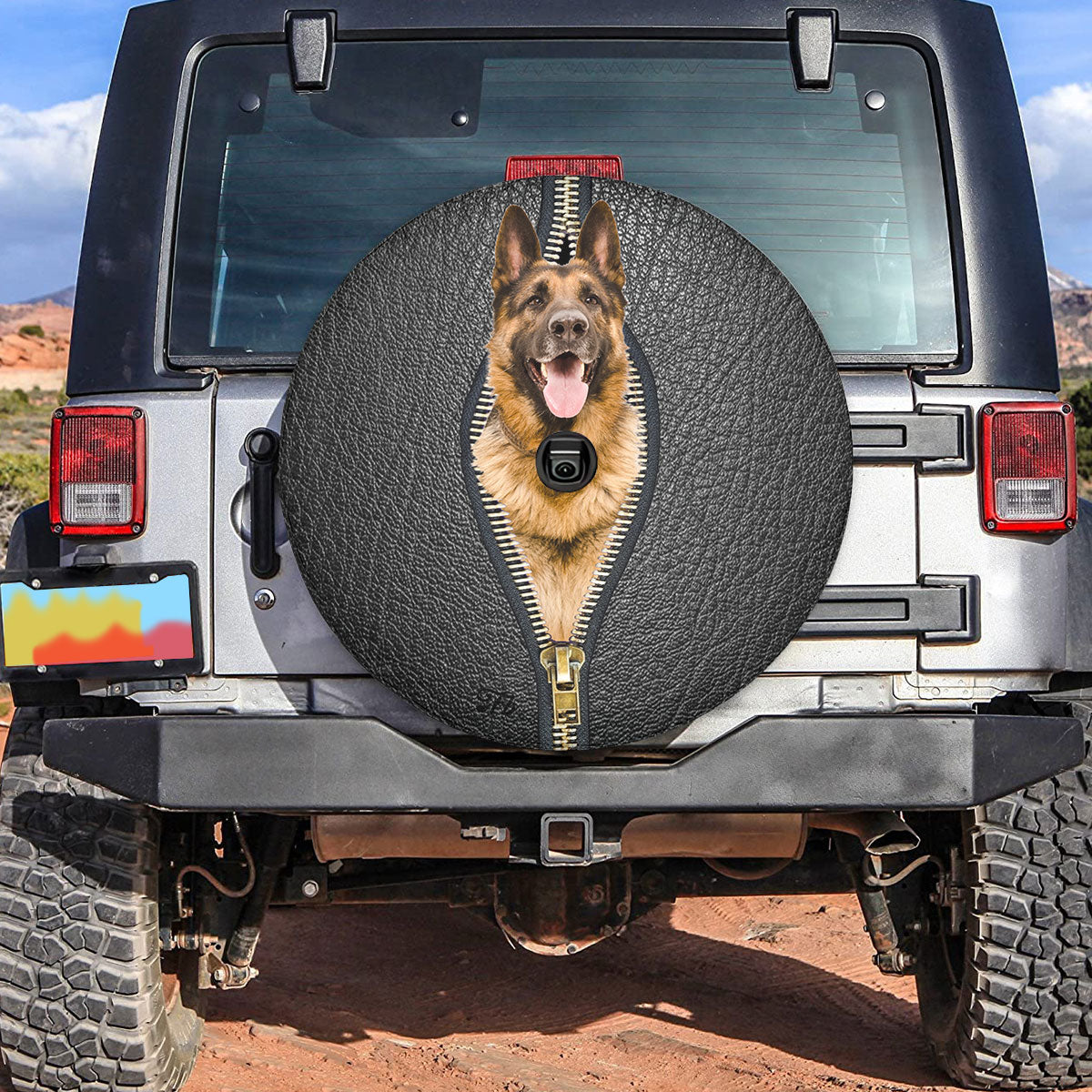 Petthouse | German Shepherd Through Hole Camper Tire Cover Dog Leather Print Spare Tire Cover Black Dog Dad Car