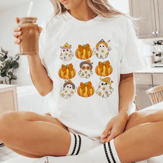 Petthouse | Cute Ghost Coquette Bow Shirt, Halloween Boo Shirt, Retro Halloween Shirt, Pumpkin Bow