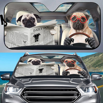 Petthouse | Pug Reading Newspaper Windshield Sun Shade Daily Dog Automotive Windshield Sunshades Dog Driving