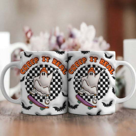 Petthouse | Ghost Creep It Real Halloween Mug, Cute Skater Ghost 3d Inflated Effect Mug, Spooky Season