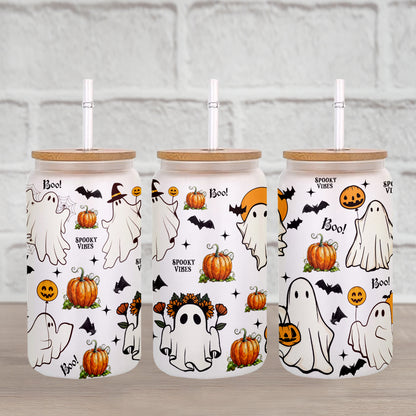 Petthouse | Ghost Spooky Vibes Glass Can, Ghost Boo Spooky Iced, Halloween Spooky Vibes Glass Cup