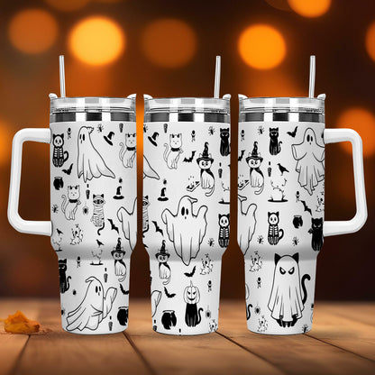 Petthouse | Halloween Ghost Doodles  40oz Tumbler, Spooky Black Stainless Steel Cup, Ghost Cute Spooky Season