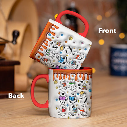 Petthouse | Ghost Reading Book 3d Inflated Mug, Halloween Spooky Reading Ghost Mug, Cute Reading Ghost