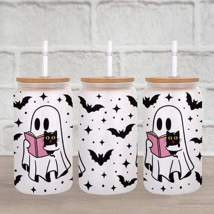 Petthouse | Cute Ghost Reading Book Glass Cup, Spooky Season, Black Cat Glass, Halloween Gift